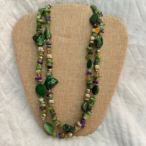 Vintage Single Strand Mixed Purple & Green Beads & Stones Necklace